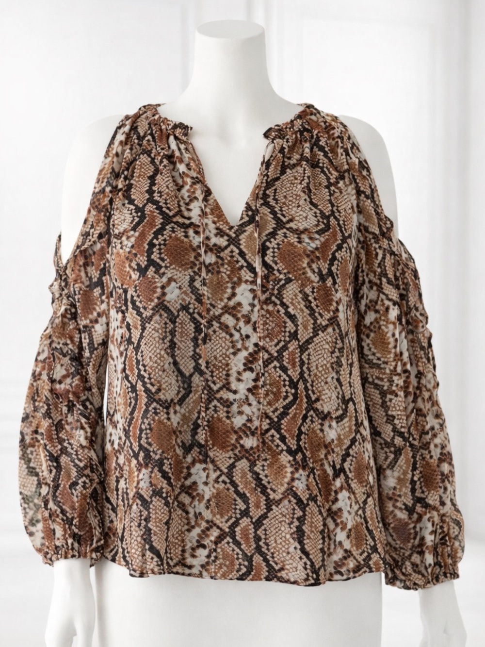 1. State Brown Mobwife trendy Snake Print Cold-Shoulder Ruffle Blouse L